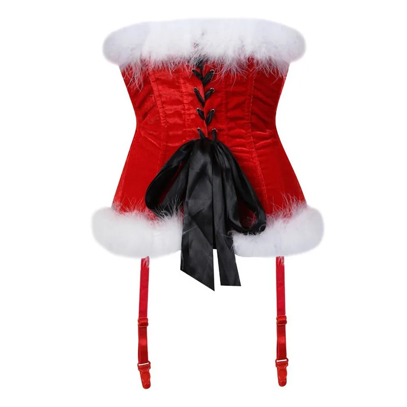 Caudatus Christmas Corsets For Women Miss Santa Bustier Corselet Overbust Feathers Lace UP Lingerie Plus Size Costume Cosplay