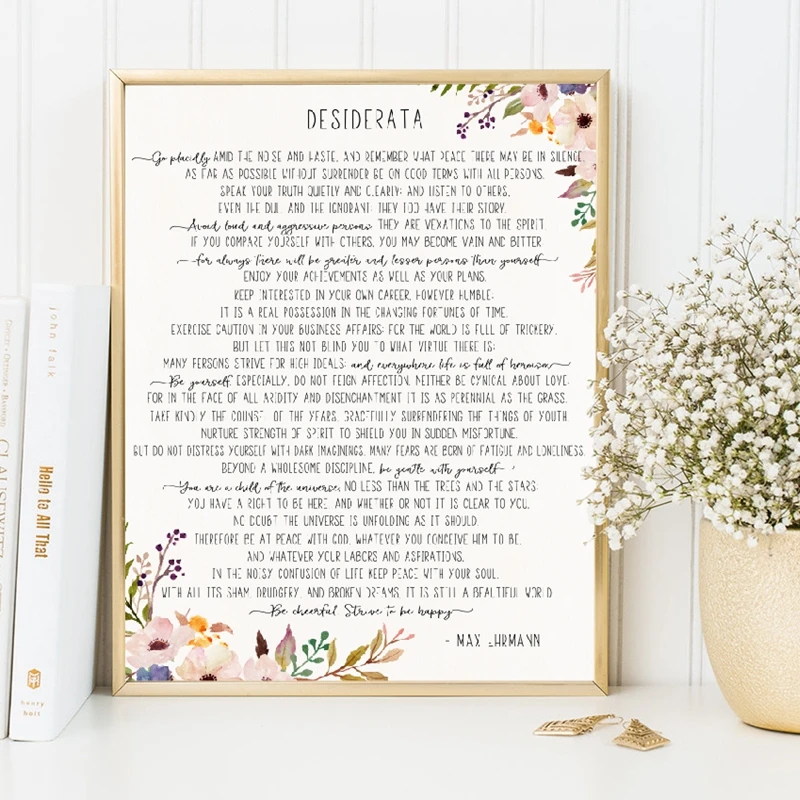 Max Ehrmann Poem Desiderata Poster And Print Watercolor Flowers Literature Canvas Painting Wall Art Picture Home Office Decor