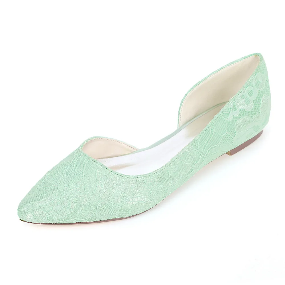 Creativesugar D'orsay side empty flats pointed toe lace women's flat shoes bridal wedding party prom fresh color prom mint green