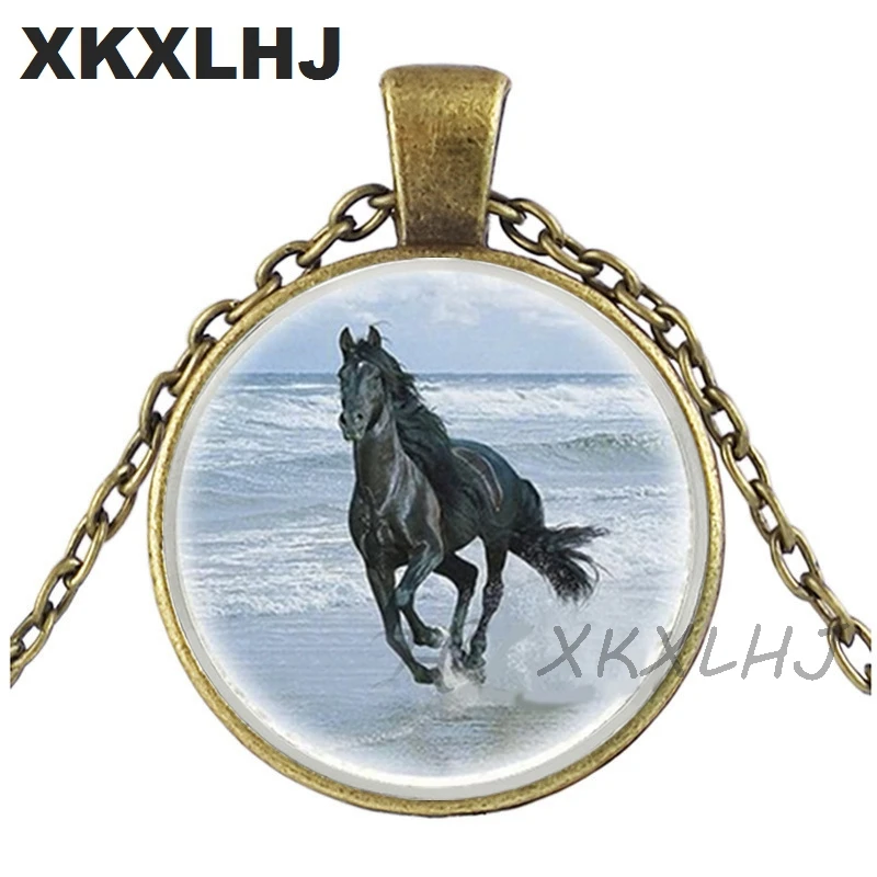 XKXLHJ  Fashion Cool Horse Necklace Handmade Glass Cabochon Necklace Running Horse Pendant Jewelry Wholesale