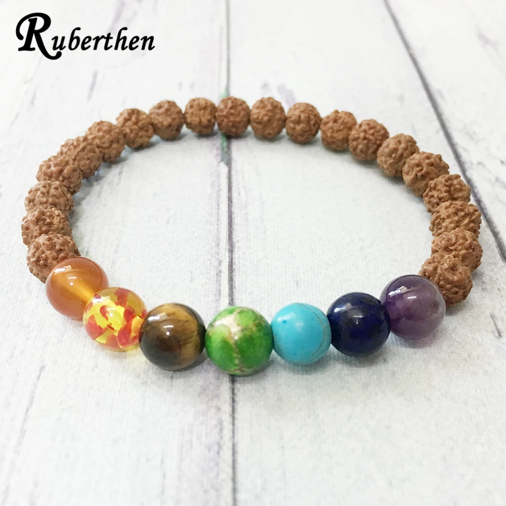 Ruberthen New Design 7 Chakra Bracelet High Natural Gemstone Bracelet 6 MM Rudraksha Yoga Mala Feminine Bracelet