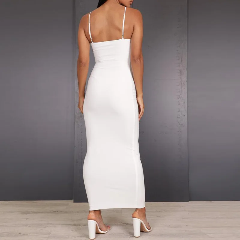 2019 New Sexy Mulheres Spaghetti Strap Vestido de Verão Camadas Duplas de Algodão V Pescoço Bodycon Vestido Longo Backless Praia Maxi Ocasional vestido