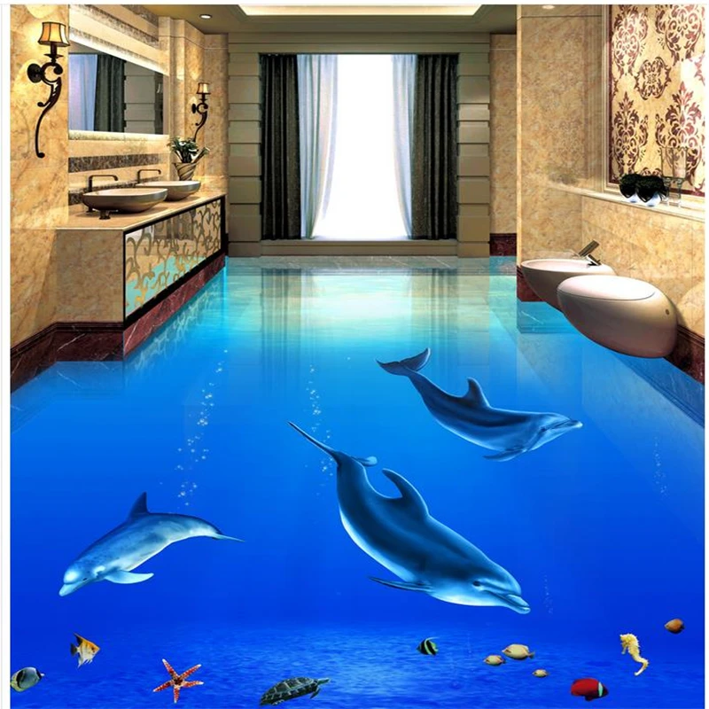 beibehang Floor wallpaper 3d for bathrooms PVC waterproof floor Custom Photo self-adhesive 3D floor dolphin 3d floor wallpapers