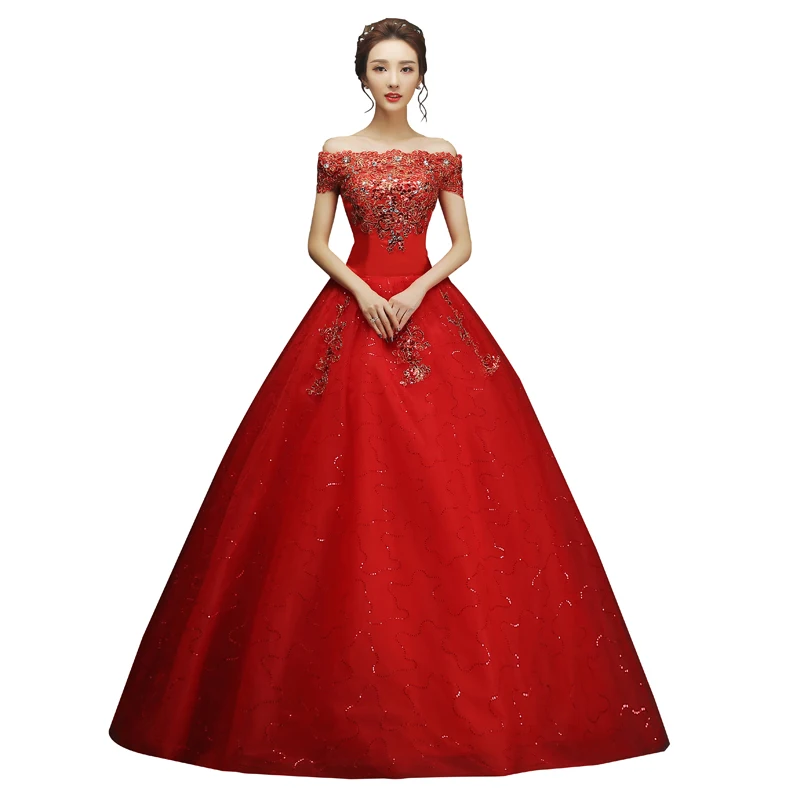 WhiteRed Váy Cưới Cô Dâu Kích Thước Lớn Vai Ren Up Wedding Dresses New Bóng Áo Công Chúa Dresses