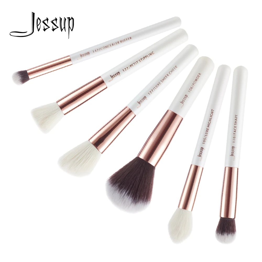 Jessup profissional maquiagem escovas kit 6 pçs branco/rosa ouro natural cabelo em pó corretivo highlighter escova cosmética t224 branco