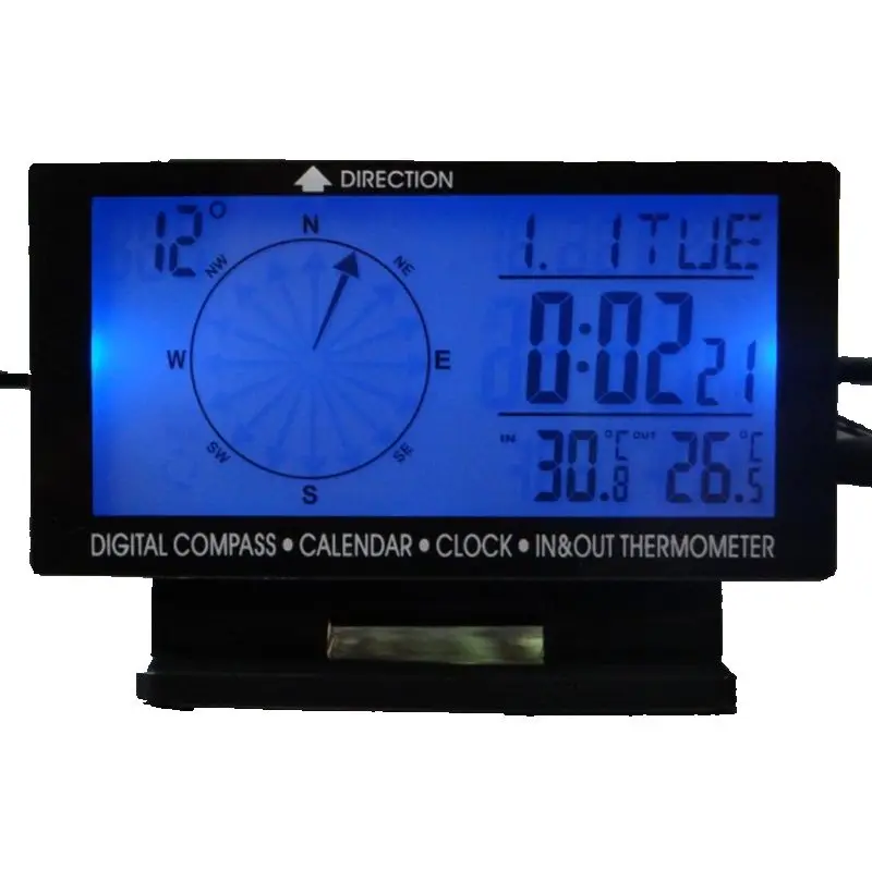 Digital Car Inside/Outside Thermometer 5in1 Blue Backlit LCD Vehicle Weather Station Compass Temperature Meter Clock Calendar