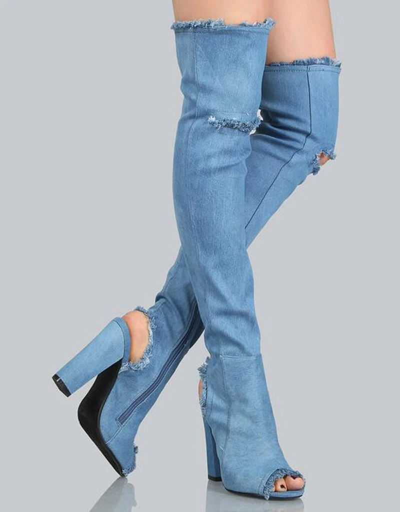 High Quality Women Fashion Open Toe Over Knee Thick Heel Denim Boots Cut-out Long Square High Heel Boots Fashion Dress Shoes