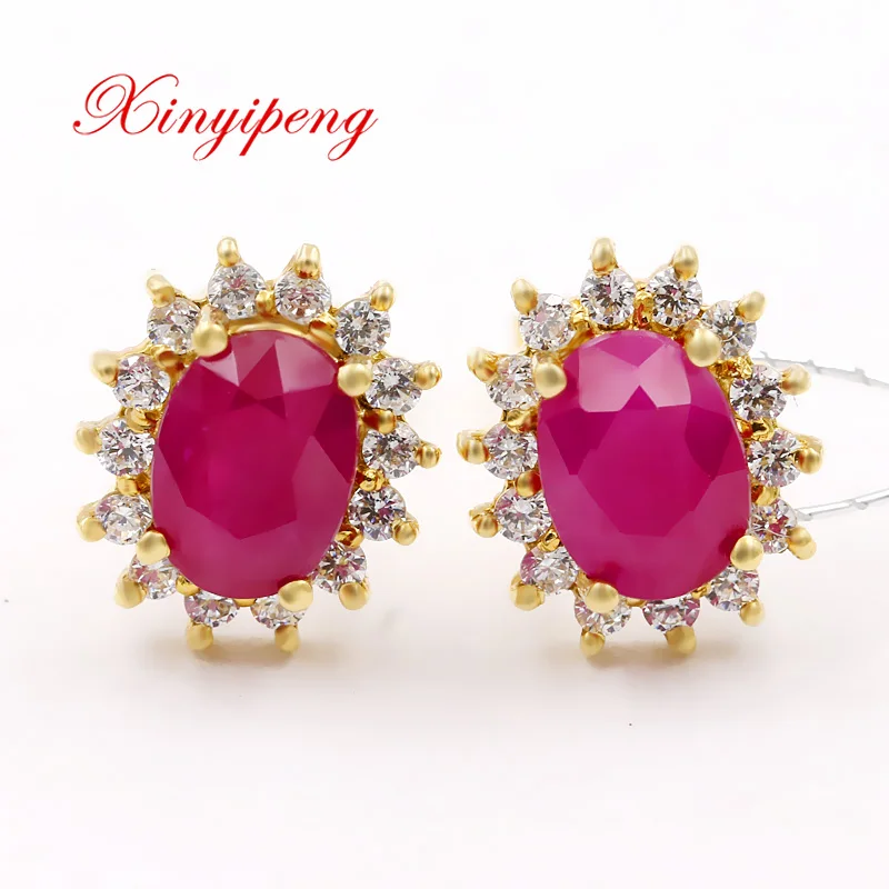 

Xin yi peng 18 k yellow gold inlaid natural ruby stud earrings, women earrings, generous fashion