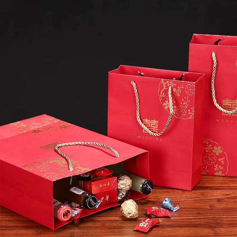 100pcs/lot Chinese style Red Double Happiness Paper gift bags for Wedding Packaging Bag with Handle Party Favors