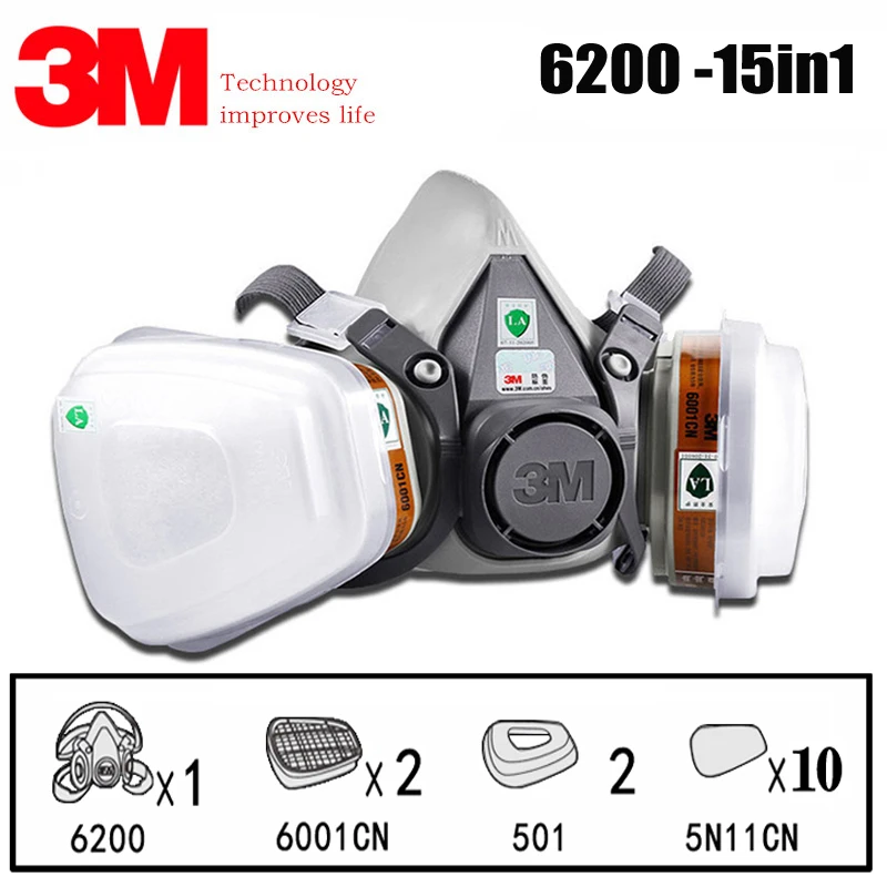 3M 6200 Half Gezicht Schilderen Spuiten Respirator Gasmasker 15 In 1 Pak Veiligheid Werk Met 6001 Filter Stof masker