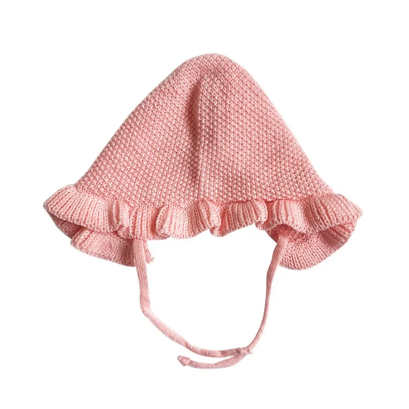 Spring Newborn Baby Hats Handmade Wool Ear Knitting Hats Monolayer Lotus Leaf Yarn Warmer Caps Kids Hats New Unisex