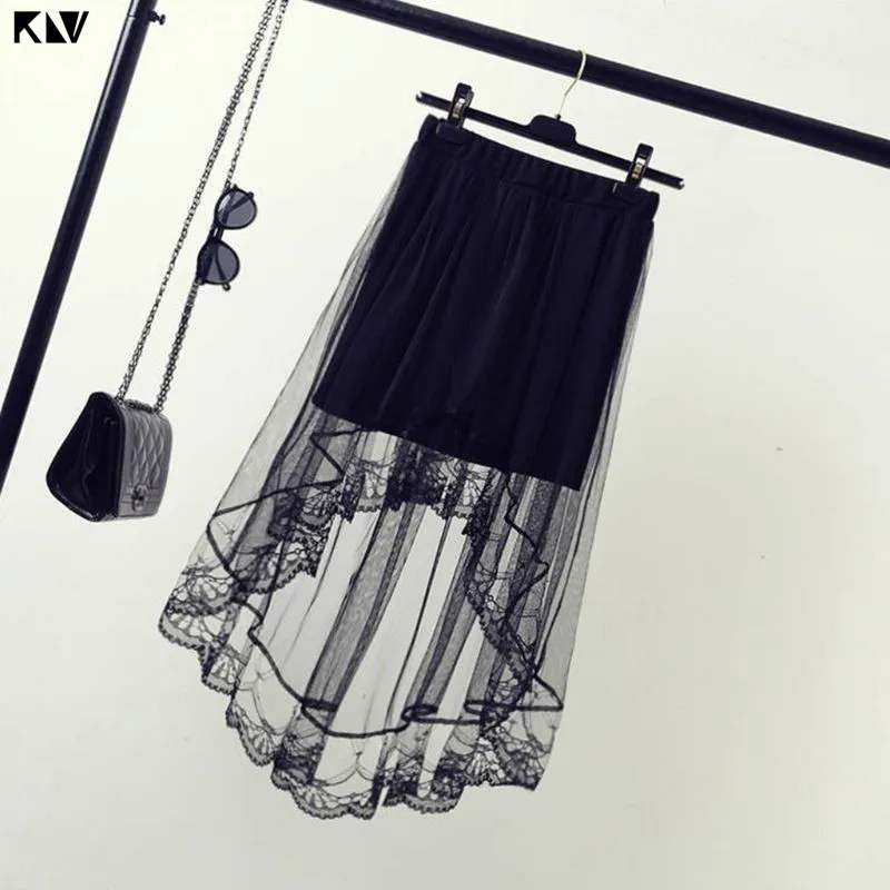 KLV-Falda larga de cintura alta para mujer, Falda Midi de malla transparente a capas, dobladillo de encaje festoneado asimétrico, plisado para