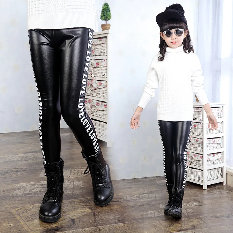 New Baby Girls Leather Pants High Quality Elastic Waist Skinny Legging For Girls Spring Kids Girls Trousers kids Letter Leggings