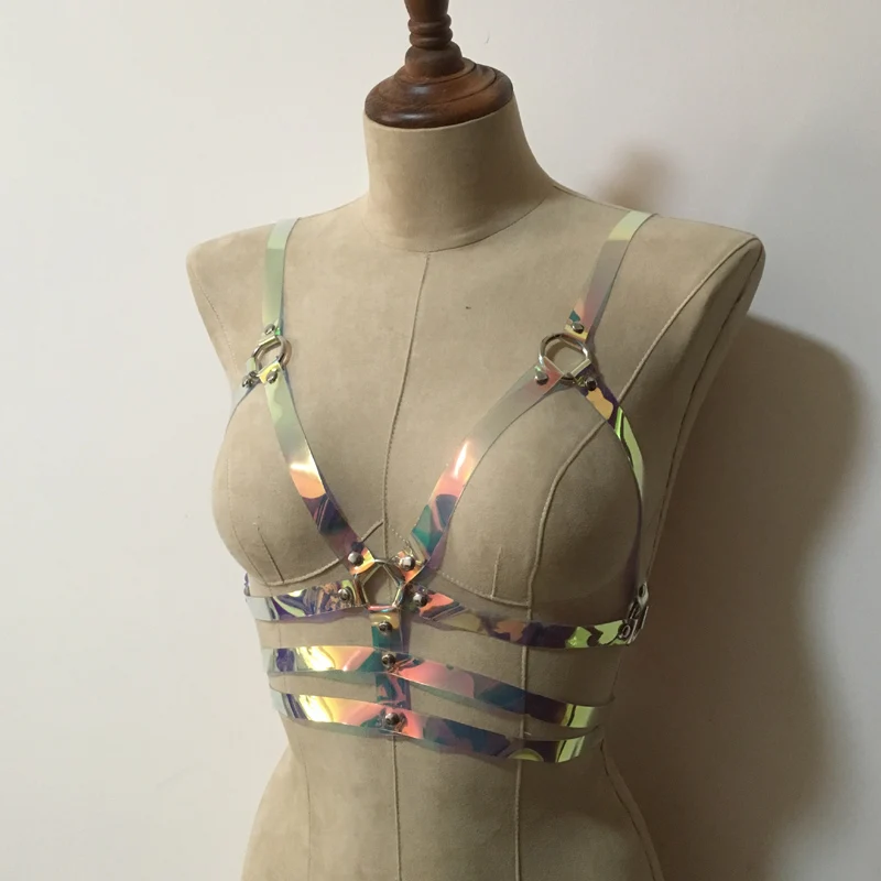 Sexy Punk Unisex Holographic Vinyl PVC Body Harness Hologram Rainbow Bonage Top Bra Caged Belt Waist Straps for women