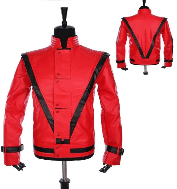 

MJ Cosplay Leather Coat Michael Jackson Costume Leather Thriller Red Jacket And Free Billie Jean Glove