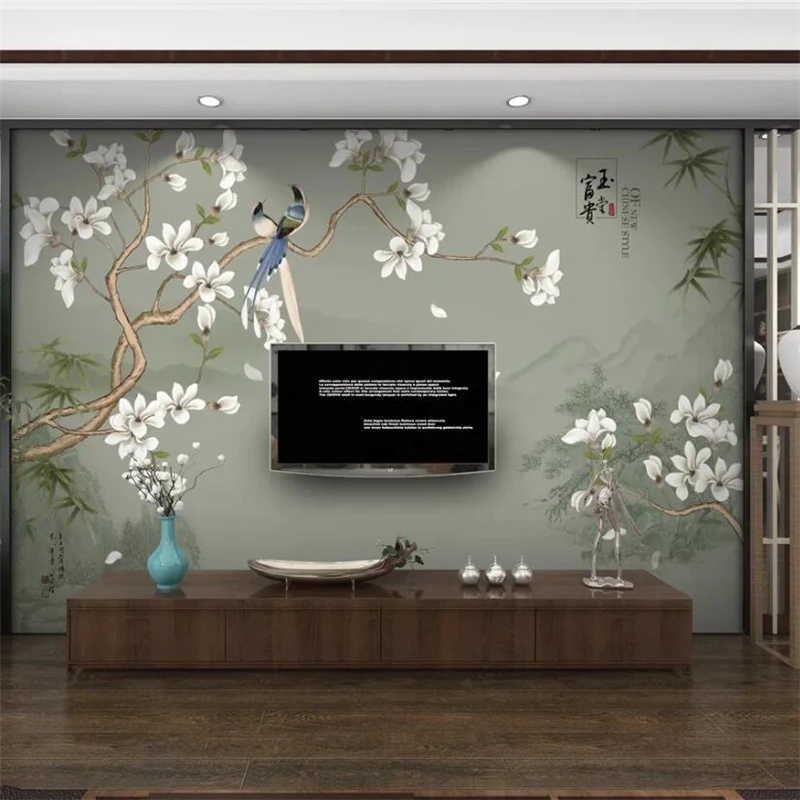 

Custom wallpaper 3d mural papel de parede new Chinese hand-painted magnolia bird ink landscape bamboo TV background wall paper