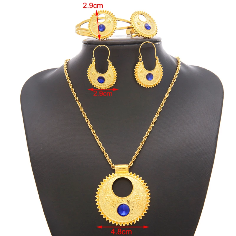 Ethlyn Jewelry Ethiopian sets Necklace Bangle Earrings & Free Size Ring Jewelry sets Gold Color Eritrean Best Holiday Gifts S196