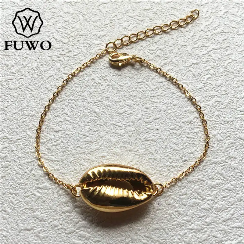 FUWO Dainty Cowrie Sea Shell Bracelet With Golden Dipped Brass Bracelet Female Elegant Cuff Bohemian Jewelry Wholesale BR506