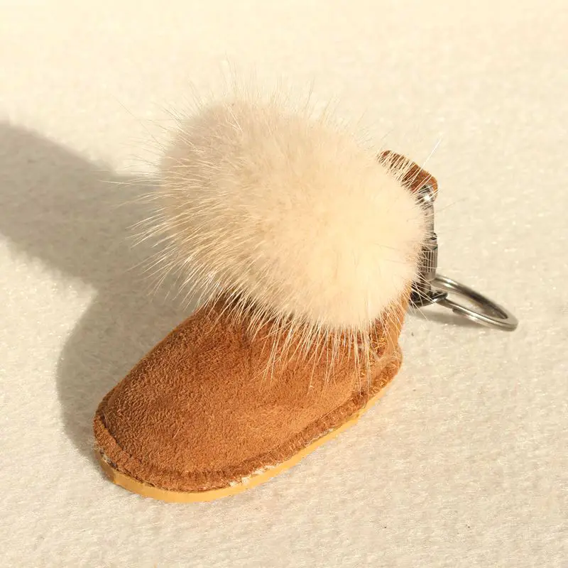 Luxury Fluffy Pompom Genuine Mink Fur Real Leather Boot Shoe Keychain For Women Car Key Chain Bagpack Charm Accessories Pendant