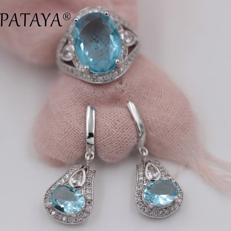 PATAYA New Multicolor Oval Natural Zirconia Earrings Ring Sets Women Romantic Wedding True White Gold Color India Jewelry Set