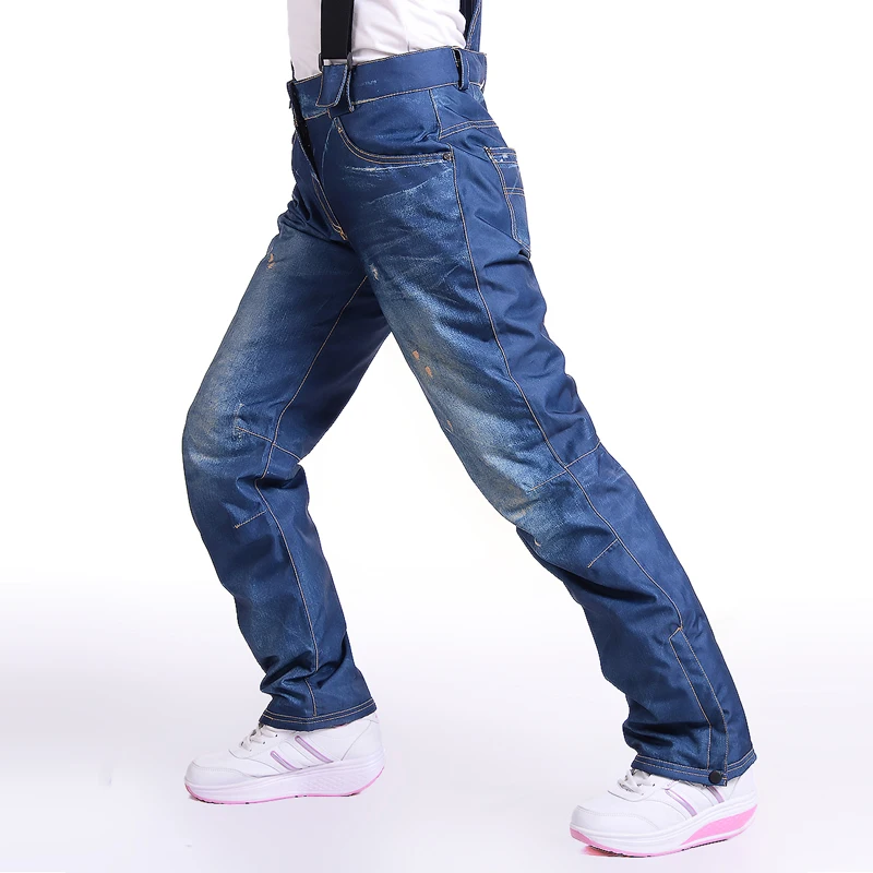 -30 Degree Thermal Jean Snowboard Pants Suspenders Denim Skiing Pants Winter Female Windproof Waterproof Snow Trousers