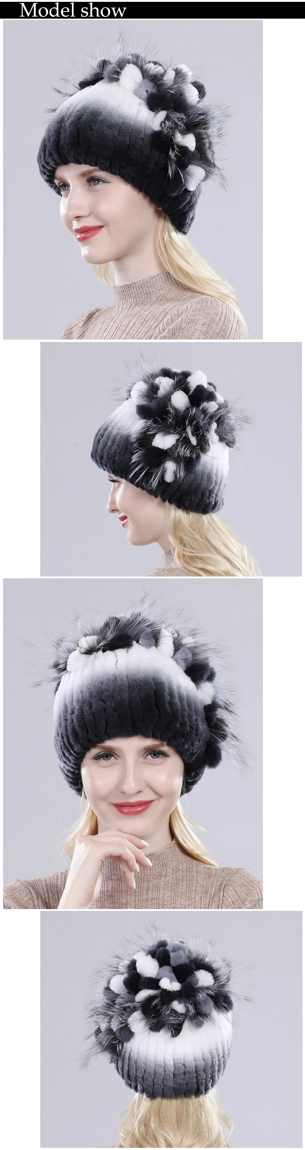 Neue Russische Damen Echt Rex-Kaninchenfell Mützen Luxuriöse Gestrickte Blumen Echte Rex-Kaninchenfell Kappe Winter Echt-Fell Beanie Mütze – Detail 2