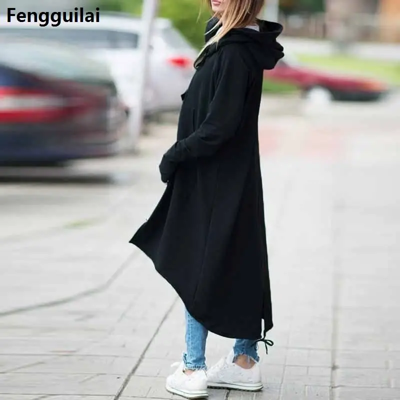 Women Hooded Long Sleeve Zipper Drawstring Casual Irregular Coat Casual Solid Long Jacket Sweatshirt