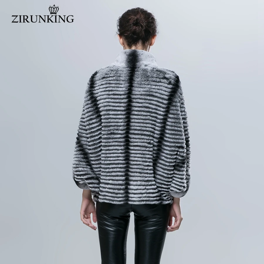 ZIRUNKING-Chaqueta de piel auténtica de conejo para mujer, abrigo de piel auténtica de Color Chinchilla, ajustado de lujo, manga de murciélago, gran