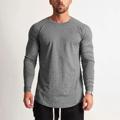 Camiseta de manga larga para hombre, camisa deportiva de Fitness, sólida, cuello redondo, para gimnasio y culturismo, nueva moda