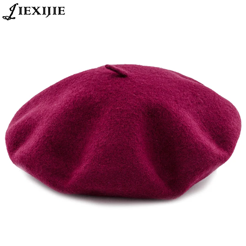 Winter Exquisite 100% Australian Wool Women Knit Beret Warm Female British Style Lady Painter Bonnet Hats Solid Color hot sale