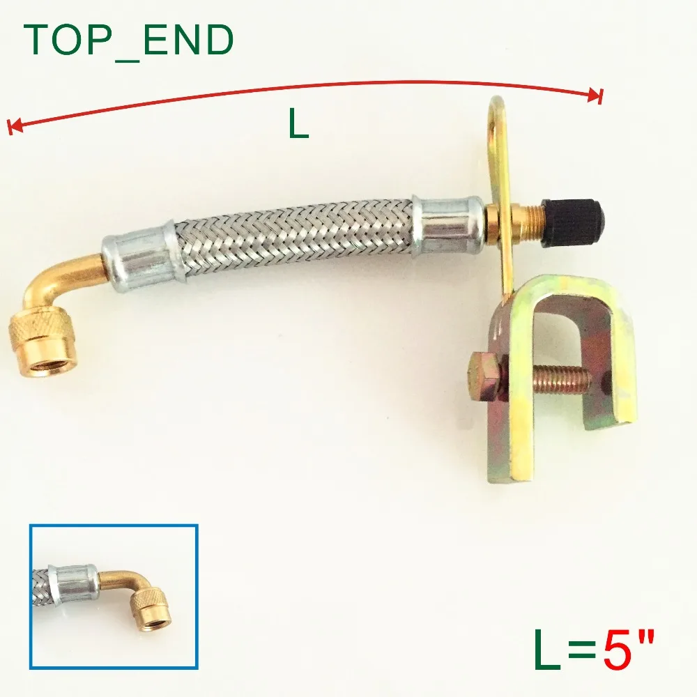 

5 inch,90 Degree Bent End,With Clamp,Stainless Steel Mesh Wrapped,Flexible Rubber Valve Extension,Work w/ Tire Valve Directly