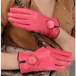 Genuine Leather Glove Women Warm Fashhion Winter Ladies Hand Warmer Gloves With Natural Mink Fur Ball Luxury Glove With Finger