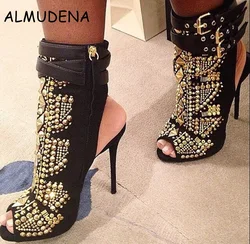 Botas cortas bordadas con tachuelas de cristal dorado, botines con recortes, punta abierta, sandalia, tacones altos, botas de ante para mujer, zapatos de verano