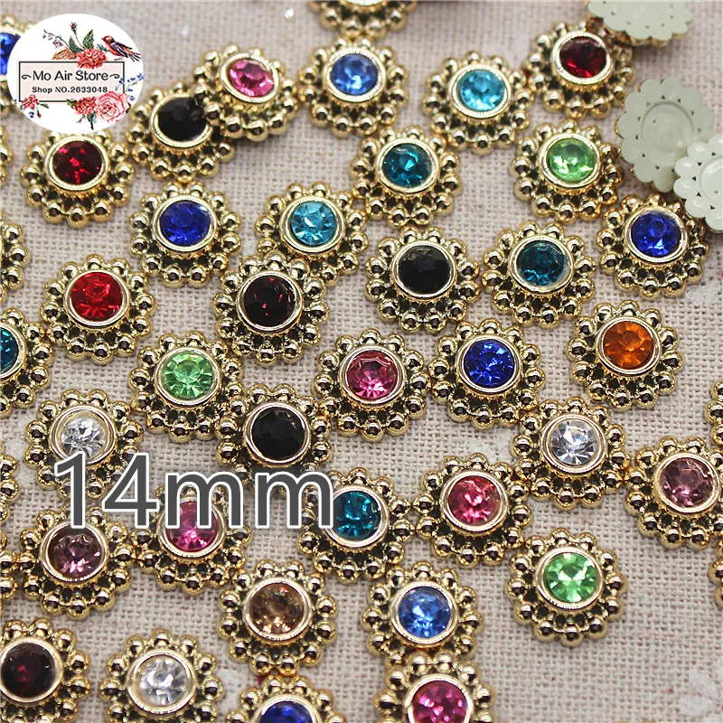 50pcs 14mm Multicolor shiny rhinestones Flower Round Flatback Buttons Home Garden Crafts Cabochon Scrapbooking DIY Accessories