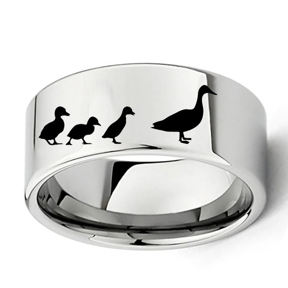 Dropshipping Engraved Duck & Ducklings Ring 11mm Men Boy Flat Polish Tungsten Outdoors Wedding Band Size 7 to 13