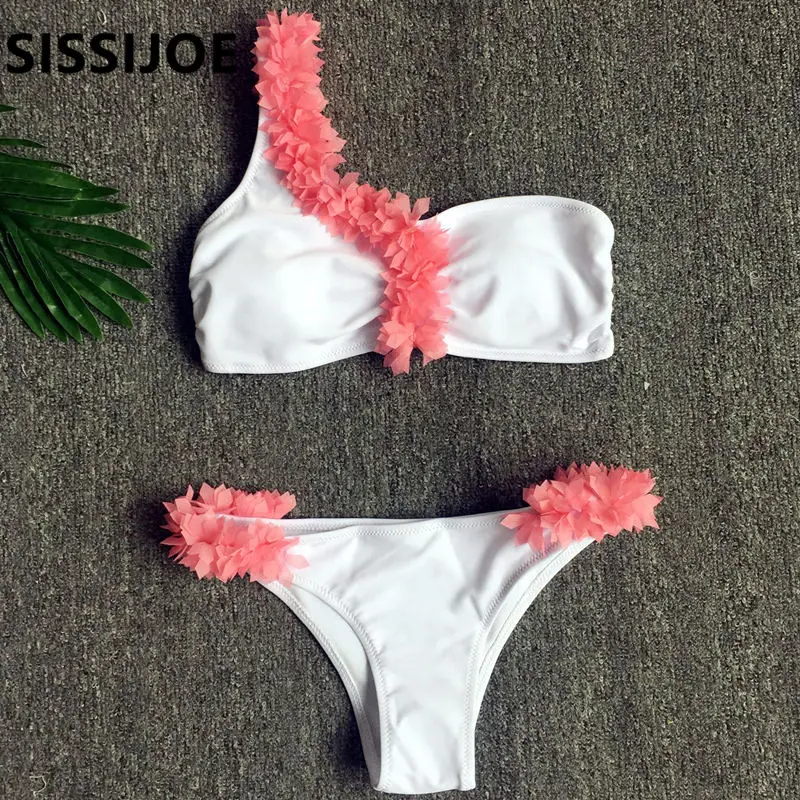 SISSIJOE 3D flower one shoulder bikini set Padded two-piece white swimwear women Vintage summer beach swimsuit biquini