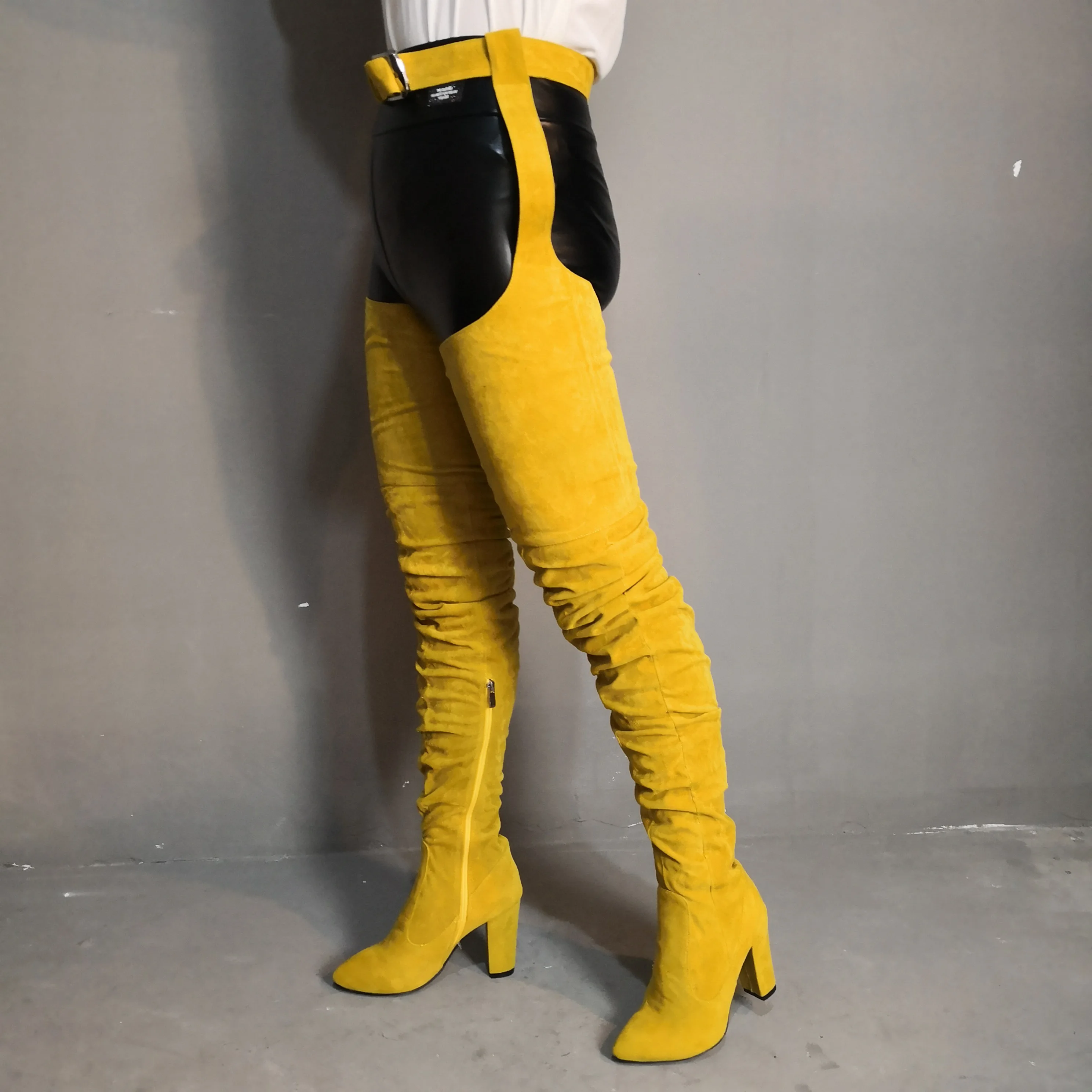 

chaussures femme sexy yellow pointed toe thigh high over the knee boots high heels crotch tied waist pants botines shoes woman