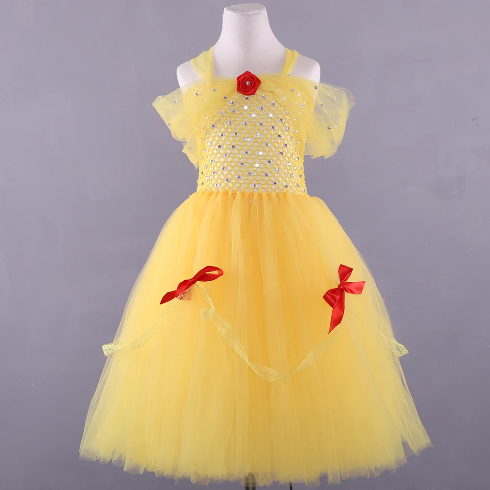 POSH DREAM Belle and Beast Children Cosplay Party Dresses for Girls Yellow Red Pearls Kids Tutu Dresses Flower Girls Clothes