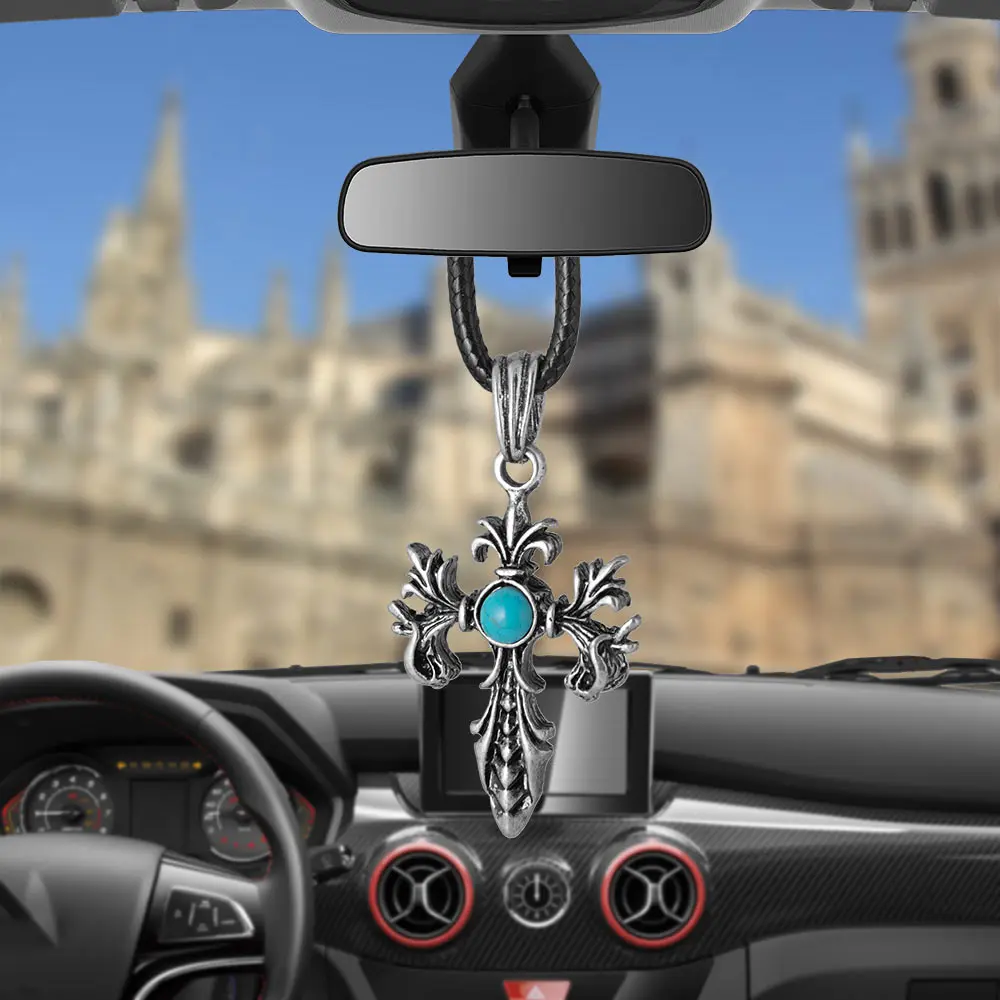 Car Pendant Jesus Crucifix Cross Green ball Ornaments Charms Rearview Mirror Decoration Hanging Auto Decor Car Accessories Gifts