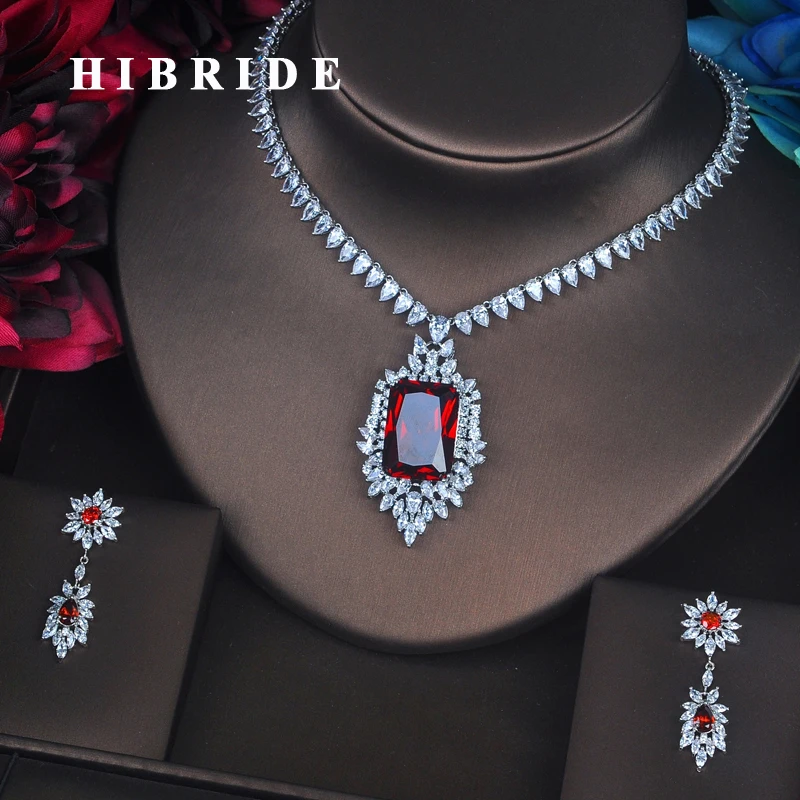 

HIBRIDE Luxury Red Crystal CZ Stone Jewelry Sets For Women Bride Necklace Set Wedding Dress Accessories Wholesale Price N-387