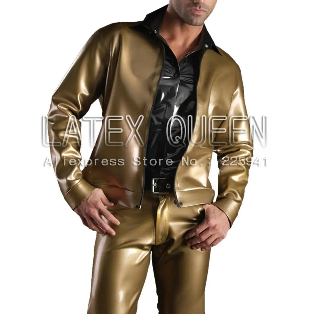 Men latex rubber jackets outerwear Metallic Gold