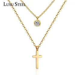 LUXUSTEEL Double Layer Golden Color Cross Pendant Necklace With Round Cubic Zirconia Pendants For Women Fashion Accessories 2019