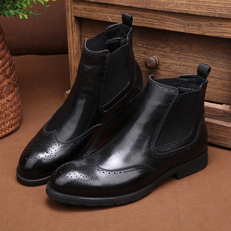 New High top Men's Cotton Shoes Genuine Leather Fur Warm Riding Boots all-match cowhide cashmere zipper snow boots men Chelsea