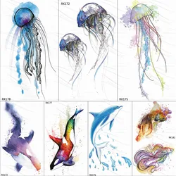 OMMGO 3D Watercolor Jellyfish Temporary Tattoos Sticker Ocean Draw Fake Tattoo Dolphin Custom Tatoos For Women Kids Body Art Arm