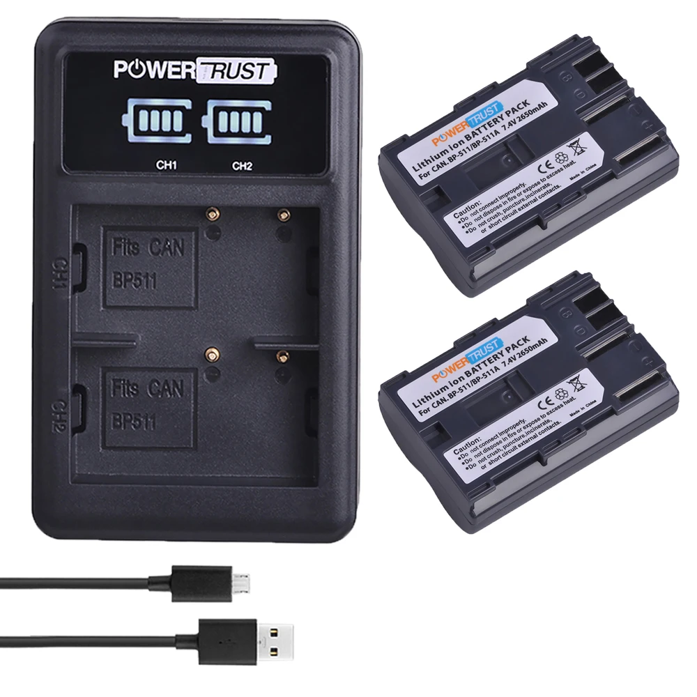 2650mAh BP-511 BP 511 BP511 BP511A Camera Battery + LED Dual USB Charger for Canon EOS 40D 300D 5D 20D 30D 50D