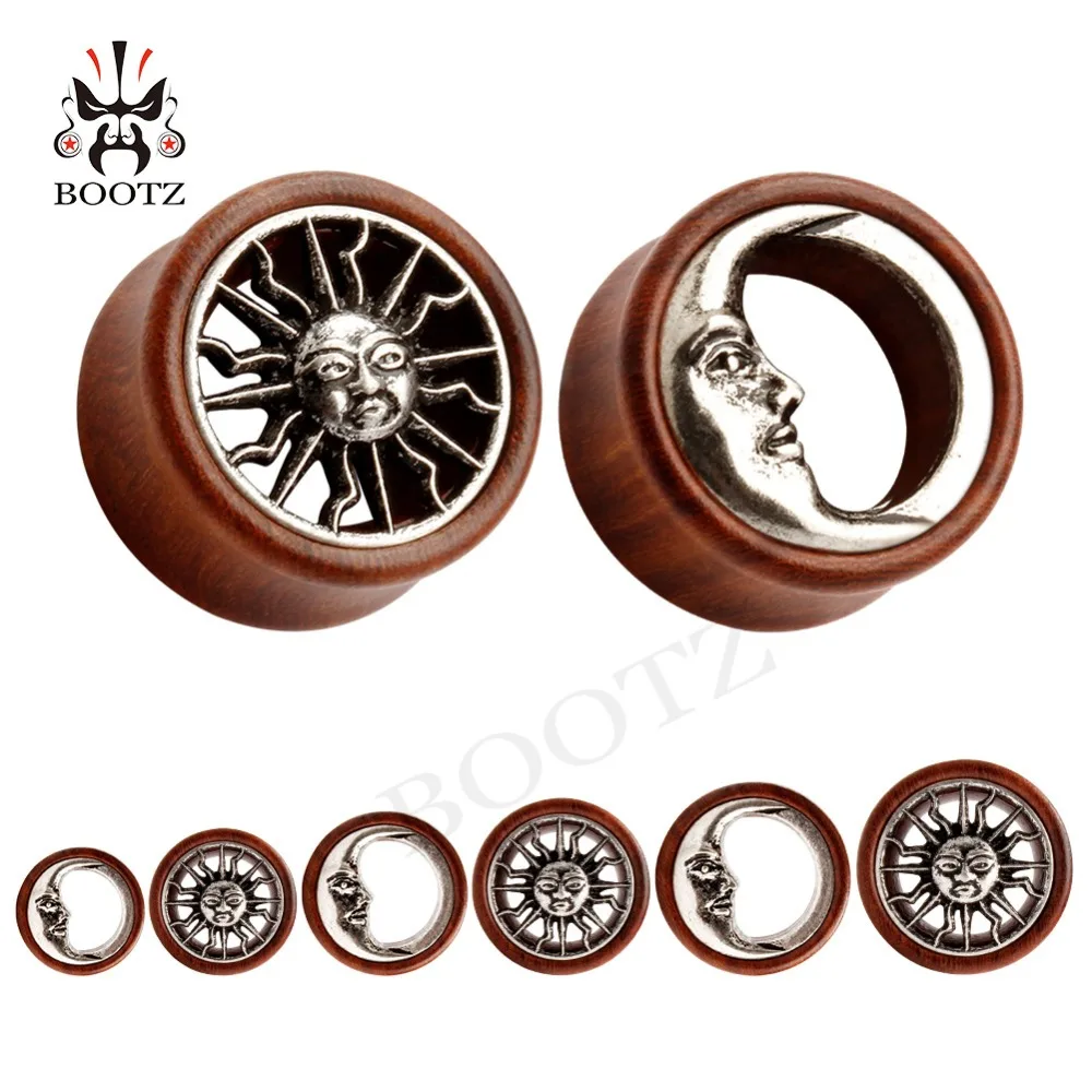 KUBOOZ 2PCS Asymmetric Wood Ear Piercing Tunnel Earrings Moon Sun Plugs Stretcher Fashion Body Jewelry Gauges Gift Women Men