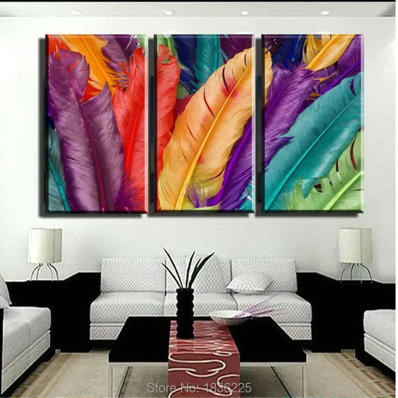 

hand painted canvas oil paintings for living room decoration 3 panels colorful feather picture modern wall oil paintings