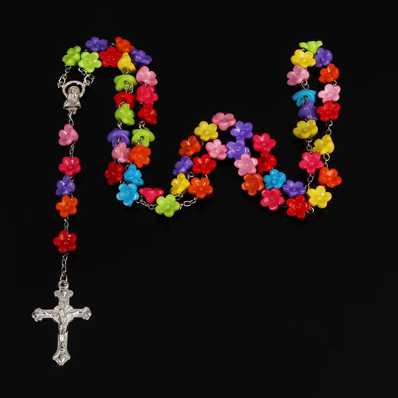 Catholic color crystal rosary long chain jewelry, mixed color rosary