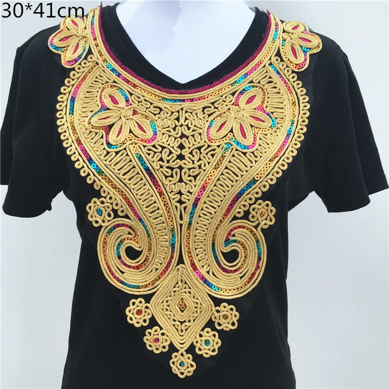 1pc Gold Embroidery Ethnic Style Collar Venise Sequin Floral Embroidered Applique Lace Neckline Collar Garment Accessories