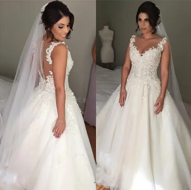 Robe de Mariee 2019 Trouwjurken Baljurk V-hals Kant Applicaties Tulle Kralen Kant Bridal Jurken Vestidos